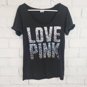 LOVE PINK Silver Sequin Bling Spell Out - LG Black